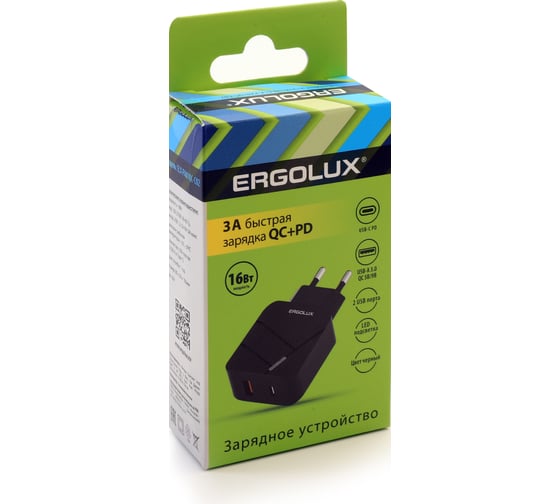 Сетевой адаптер 1usb+1type c Ergolux Elx-рa01qc-c02 100-220в, 5-9v/3а, qc, черный, коробка 15108