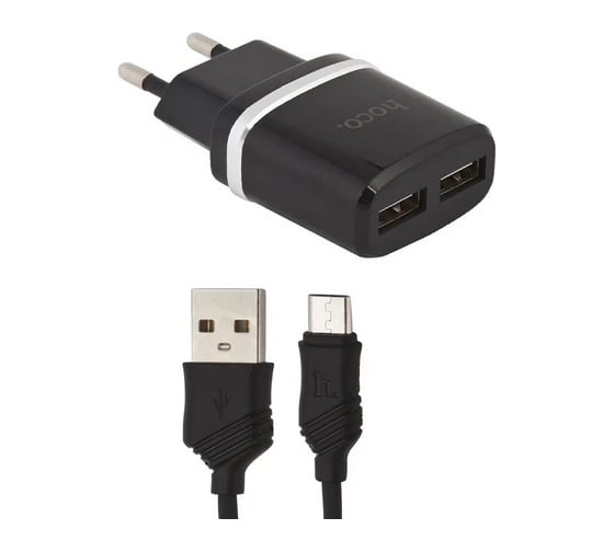 Сзу Hoco c12 smart 2xusb, 2.4а + usb кабель microusb, 1м (черный) 0L-00037571