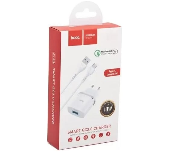 Сзу Hoco c12q smart 1xusb, 3а, 18w, qc3.0, led + usb кабель type-c, 1м (белый) 0L-00044852