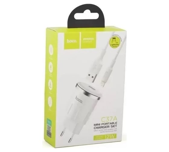 Сзу Hoco c37a thunder power 1xusb, 2.4а + usb кабель lightning 8-pin, 1м (белый) 0L-00041679