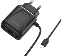СЗУ Borofone ba50a beneficence 2xusb, 2.1а, интегрированный кабель lightning 8-pin, 1м (черный) 0L-MG-WF314