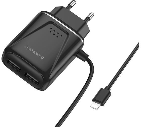 СЗУ Borofone ba50a beneficence 2xusb, 2.1а, интегрированный кабель lightning 8-pin, 1м (черный) 0L-MG-WF314