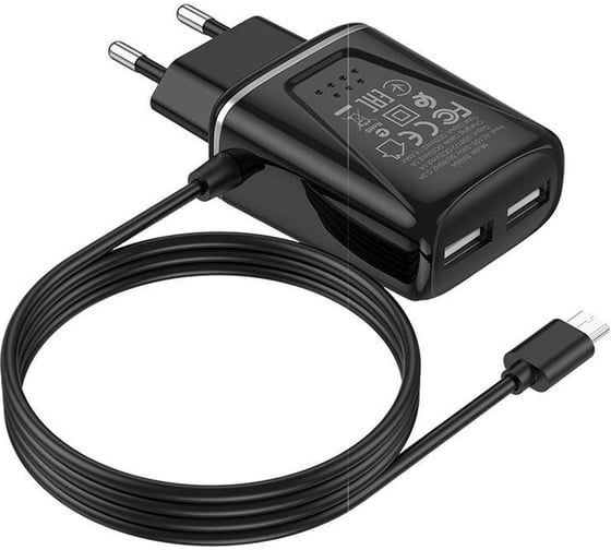 СЗУ Borofone ba50a beneficence 2xusb, 2.1а, интегрированный кабель microusb, 1м (черный) 0L-MG-WF315 1
