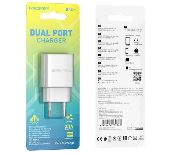 СЗУ Borofone ba53a powerway 2xusb, 2.1а (белый) 0L-00050003 23752-BA53AW