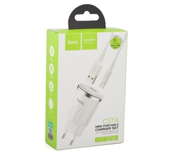 Сзу Hoco c37a thunder power 1xusb, 2.4а + usb кабель microusb, 1м (белый) 0L-00041680
