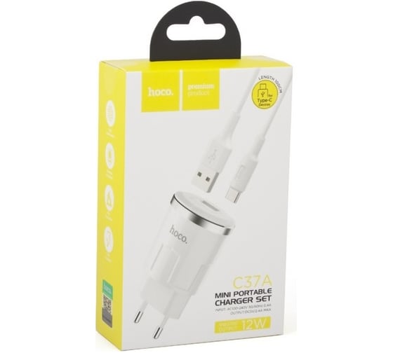 Сзу Hoco c37a thunder power 1xusb, 2.4а + usb кабель type-c, 1м (белый) 0L-00041681