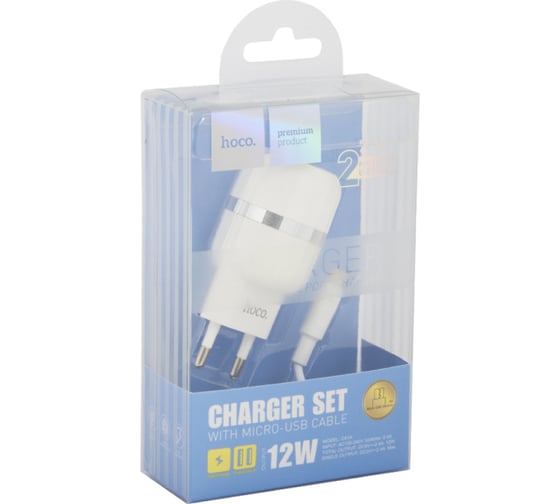Сзу Hoco c41a wisdom 2xusb, 2.4а + usb кабель microusb, 1м (белый) 0L-00041046