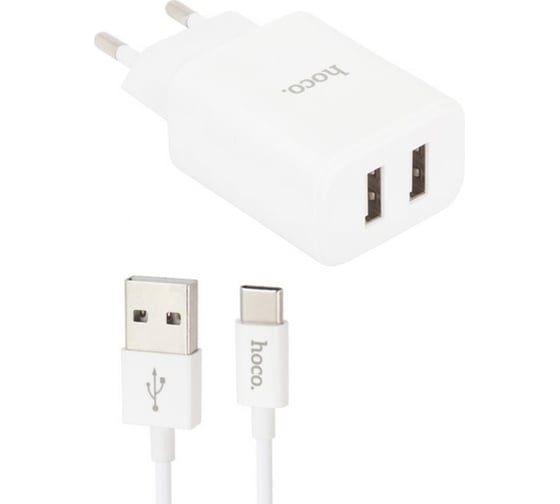 Сзу Hoco c62a victoria 2xusb, 2.1а + usb кабель type-c, 1м (белый) 0L-00041404 1