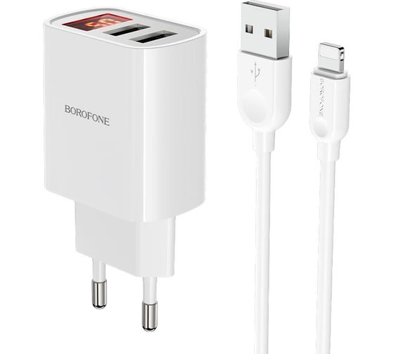 СЗУ Borofone ba58a mighty 2xusb, 2.4а, led дисплей + кабель lightning 8-pin, 1м (белый) 0L-00051170 23752-BA58AWI 28118882