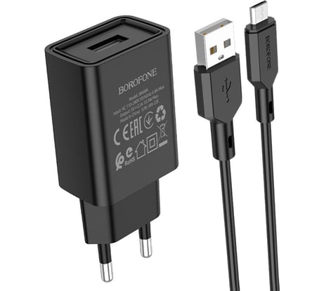 СЗУ Borofone ba68a glacier 1xusb, 2.1а + кабель micro usb, 1м (черный) 0L-00055774