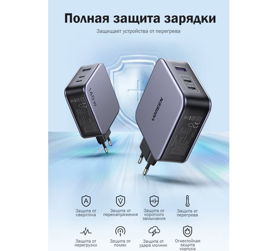 Сетевое зарядное устройство Ugreen NEXODE USB A + 2 USB C 140W GAN + кабель USB-C 2м 90549