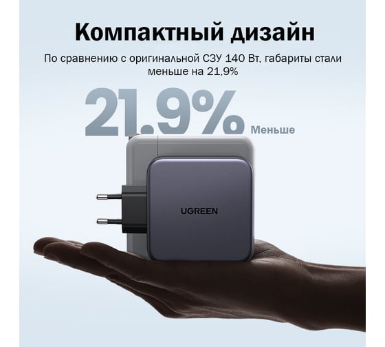 Сетевое зарядное устройство Ugreen NEXODE USB A + 2 USB C 140W GAN + кабель USB-C 2м 90549