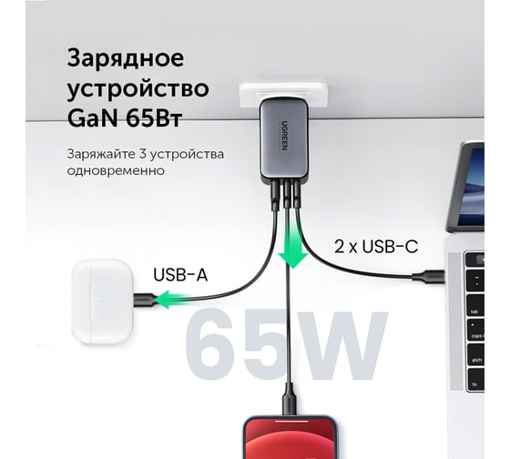 Сетевое зарядное устройство Ugreen USB A +2 USB C 65 W GAN Tech Fast Charger 10335
