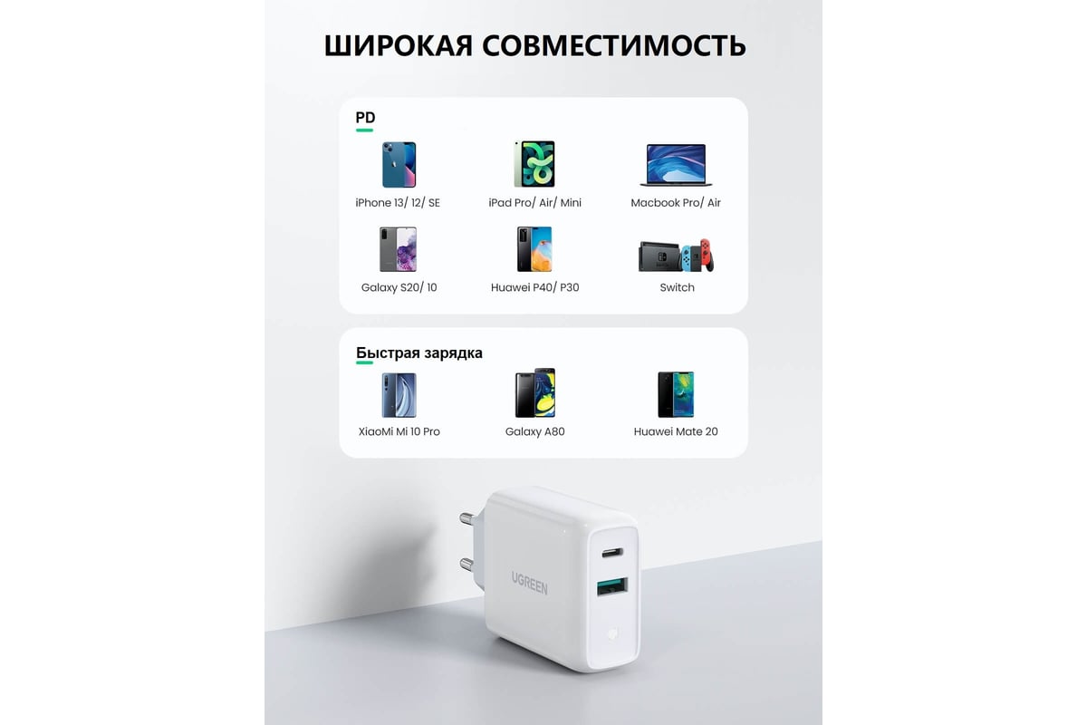 Сетевое зарядное устройство Ugreen USB A + USB C 36W Wall Charger, цвет  белый 60468 - выгодная цена, отзывы, характеристики, фото - купить в Москве  и РФ