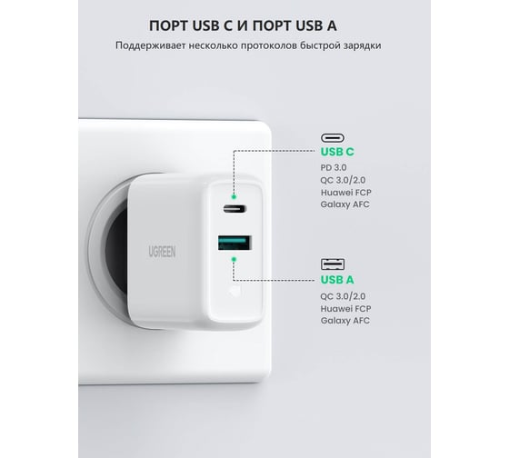 Сетевое зарядное устройство Ugreen USB A + USB C 36W Wall Charger, цвет белый 60468