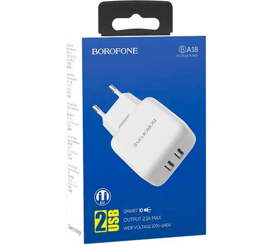 Сетевое зарядное устройство Borofone ba18 vigorous 2xusb, 2.1а, белый 0L-00051118
