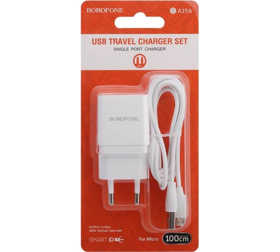Сетевое зарядное устройство Borofone ba19a nimble 1xusb, 1а + кабель microusb, 1м, белый 0L-00048558 23752-BA19AWM