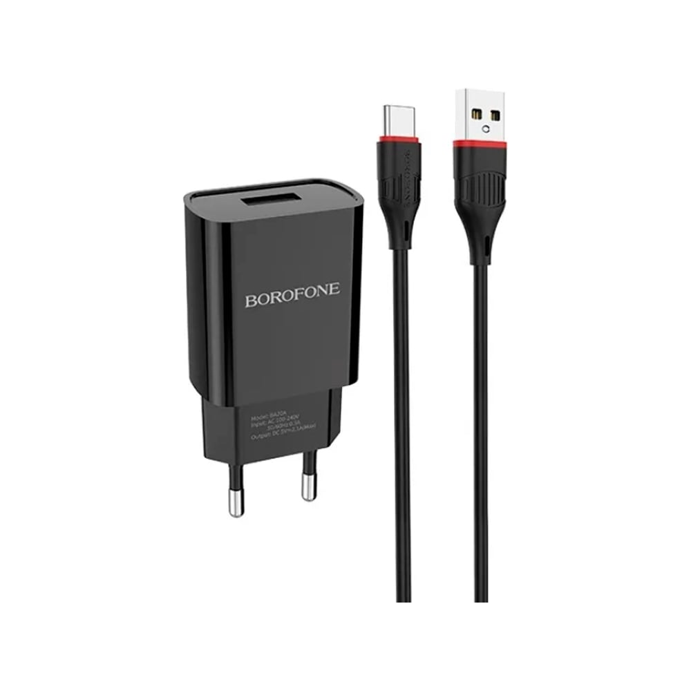 Сетевое зарядное устройство Borofone ba20a sharp 1xusb, 2.1а + кабель  type-c, 1м, черный 0L-00043194 - выгодная цена, отзывы, характеристики,  фото - купить в Москве и РФ