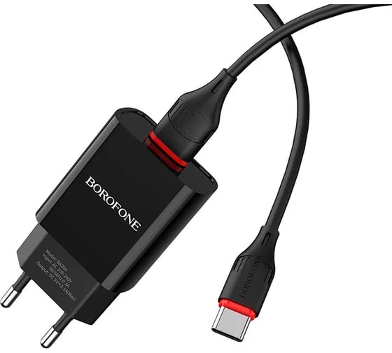 Сетевое зарядное устройство Borofone ba20a sharp 1xusb, 2.1а + кабель type-c, 1м, черный 0L-00043194