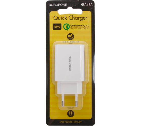 Сетевое зарядное устройство Borofone ba21a long journey 1xusb qc3.0, 18w, 3а, белый 0L-00043638