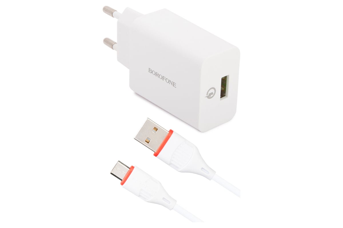 Сетевое зарядное устройство Borofone ba21a long journey 1xusb qc3.0, 18w,  3а + кабель microusb, 1м, белый 0L-00043639 - выгодная цена, отзывы,  характеристики, фото - купить в Москве и РФ