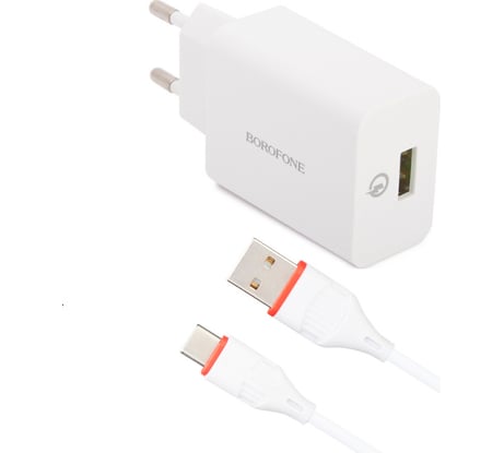 Сетевое зарядное устройство Borofone ba21a long journey 1xusb qc3.0, 18w, 3а + кабель type-c, 1м, белый 0L-00043640