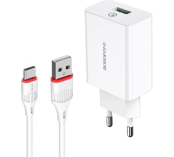 Сетевое зарядное устройство Borofone ba21a long journey 1xusb qc3.0, 18w, 3а + кабель type-c, 1м, белый 0L-00043640