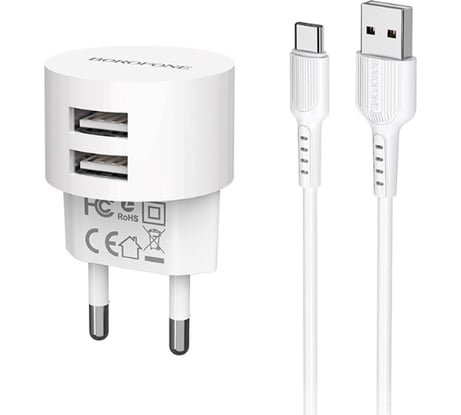 Сетевое зарядное устройство Borofone ba23a brilliant 2xusb, 2.4а + кабель type-c, 1м, белый 0L-00044347 23752-BA23AWT