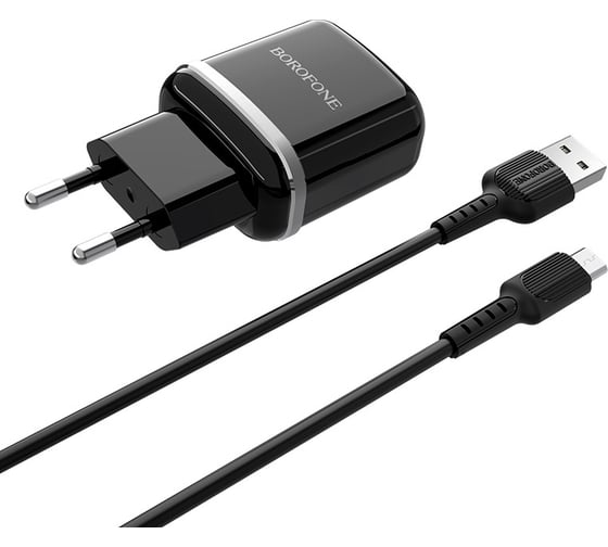 Сетевое зарядное устройство Borofone ba25a outstanding 2xusb, 2.4а + кабель lightning 8-pin, 1м, черный 0L-00050575