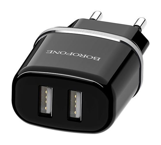 Сетевое зарядное устройство Borofone ba25a outstanding 2xusb, 2.4а + кабель lightning 8-pin, 1м, черный 0L-00050575