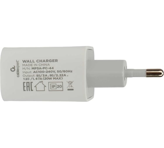 Зарядное устройство Cablexpert 20вт, 3а, qc3.0/pd, 1 порт type-c, белый, пакет, MP3A-PC-44