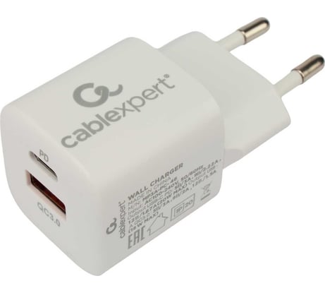 Зарядное устройство Cablexpert 20вт, 3а, qc3.0/pd, 2 порта: usb и type-c, белый, пакет, MP3A-PC-46