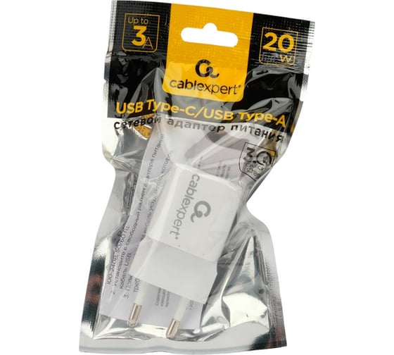 Зарядное устройство Cablexpert 20вт, 3а, qc3.0/pd, 2 порта: usb и type-c, белый, пакет, MP3A-PC-46