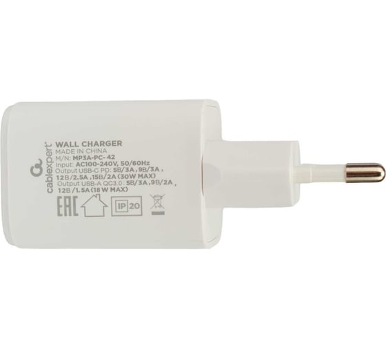 Зарядное устройство Cablexpert 30вт, 3а, qc3.0/pd, 2 порта: usb и type-c, белый, пакет, MP3A-PC-42
