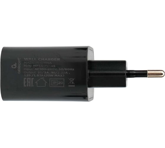 Зарядное устройство Cablexpert 20вт, 3а, qc3.0/pd, 1 порт type-c, черный, пакет, MP3A-PC-45