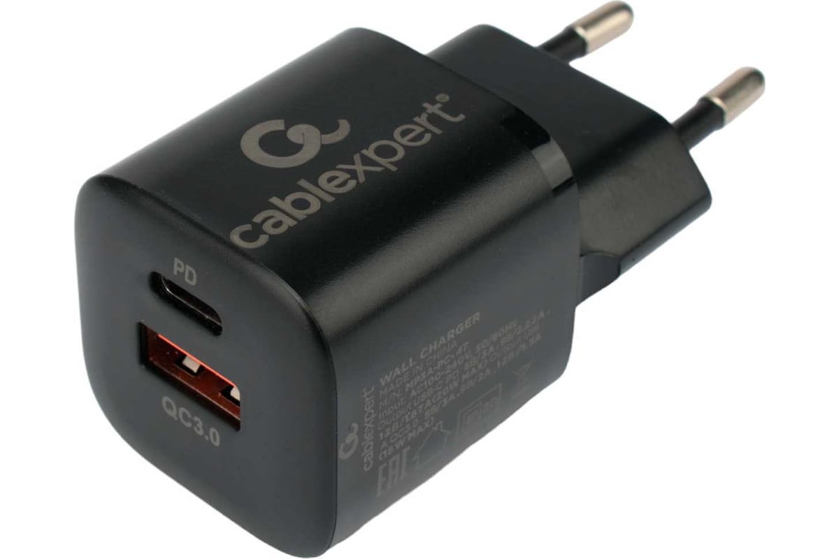 Зарядное устройство Cablexpert 20вт, 3а, qc3.0/pd, 2 порта: usb и type-c,  черный, пакет, MP3A-PC-47 - выгодная цена, отзывы, характеристики, фото -  купить в Москве и РФ