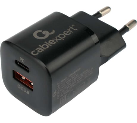 Зарядное устройство Cablexpert 20вт, 3а, qc3.0/pd, 2 порта: usb и type-c, черный, пакет, MP3A-PC-47