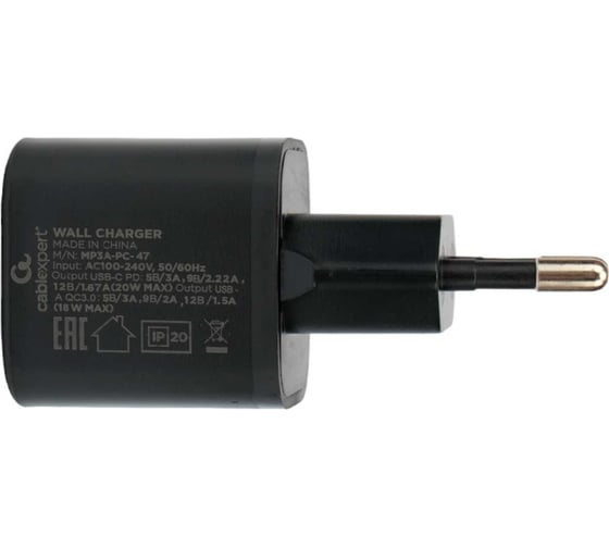 Зарядное устройство Cablexpert 20вт, 3а, qc3.0/pd, 2 порта: usb и type-c, черный, пакет, MP3A-PC-47