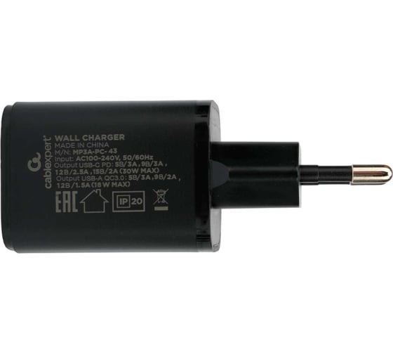 Зарядное устройство Cablexpert 30вт, 3а, qc3.0/pd, 2 порта: usb и type-c, черный, пакет, MP3A-PC-43