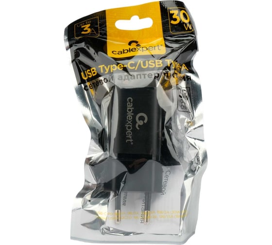 Зарядное устройство Cablexpert 30вт, 3а, qc3.0/pd, 2 порта: usb и type-c, черный, пакет, MP3A-PC-43