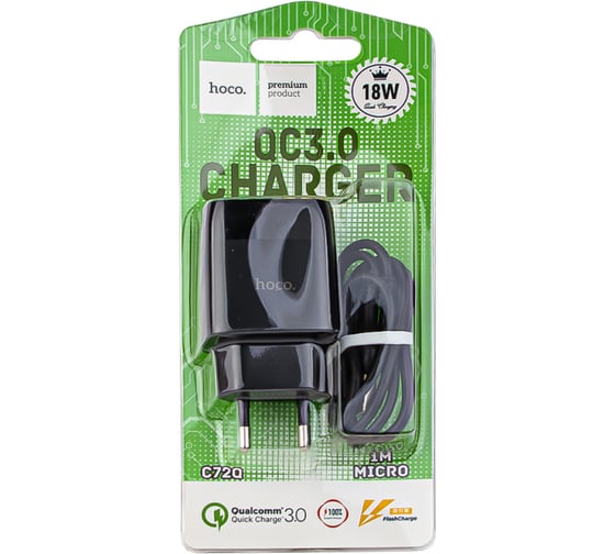 Сзу Hoco c72q glorious 1xusb, 3а, 18w, qc3.0 + usb кабель microusb, 1м (черный) 0L-MG-WF333