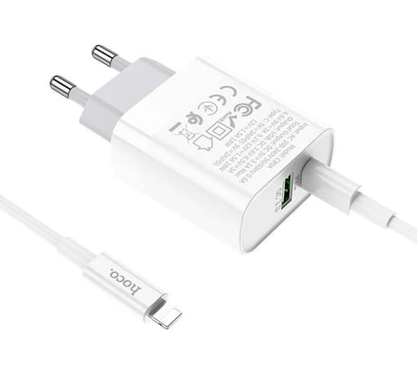 Сзу Hoco c80a rapido 1xusb, 1xusb-c, 3а, pd20w, qc3.0 + usb-c кабель lightning 8-pin, 1м (белый) 0L-00050625