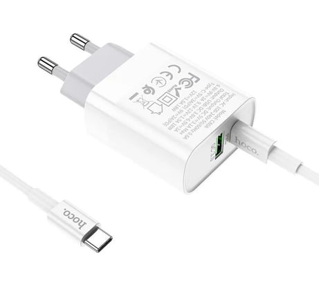 Сзу Hoco c80a rapido 1xusb, 1xusb-c, 3а, pd20w, qc3.0 + usb-c кабель type-c, 1м (белый) 0L-00050626