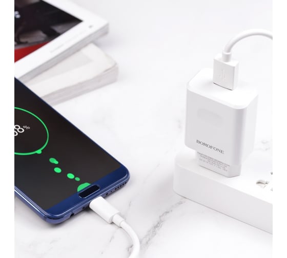 Сетевое зарядное устройство Borofone ba32a bright power 1xusb qc3.0, 18w, 3а + кабель microusb, 1м, белый 0L-00044340