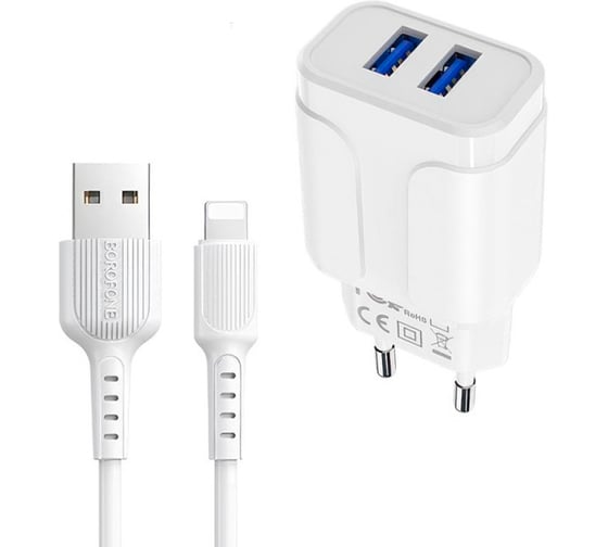 Сетевое зарядное устройство Borofone ba37a speedy 2xusb, 2.4а + кабель lightning 8-pin, 1м, белый 0L-00045124