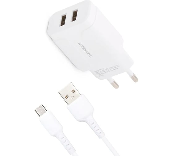 Сетевое зарядное устройство Borofone ba37a speedy 2xusb, 2.4а + кабель microusb, 1м, белый 0L-00045126 1