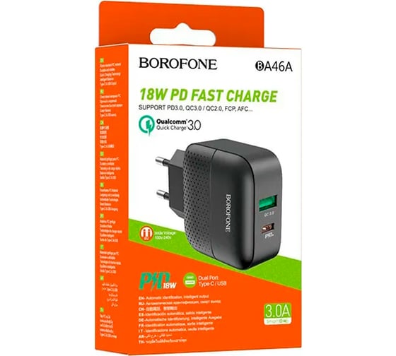 Сетевое зарядное устройство Borofone ba46a premium 1xusb qc3.0 + usb-c pd 18w, 3a, черный 0L-00049920