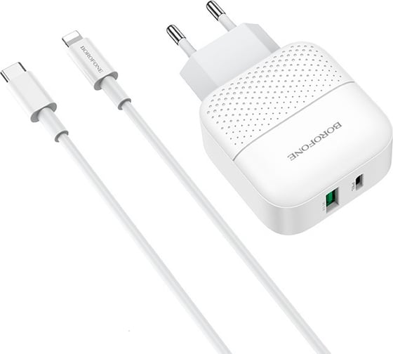 Сетевое зарядное устройство Borofone ba46a premium usb qc3.0 + usb-c pd 18w, 3a + кабель usb-c lightning 8-pin, 1м, белый 0L-MG-WF852
