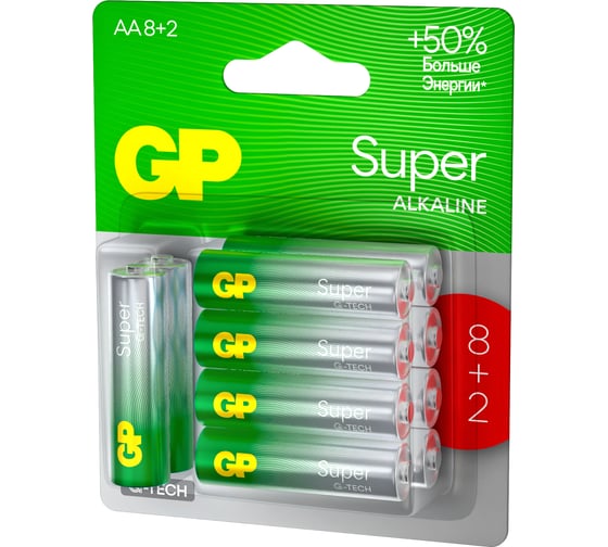 Алкалиновые батарейки GP Super Alkaline G-Tech АA, набор 10 шт. 8+2 15A8/2-CR10 15783864