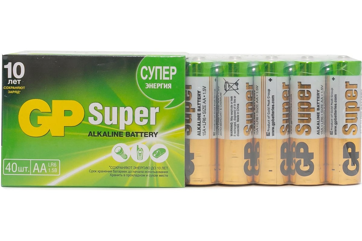 Алкалиновые батарейки GP Super Alkaline 15А АA 40 шт. 15A-2CRVS40 GP  15A-2CRVS40 - выгодная цена, отзывы, характеристики, фото - купить в Москве  и РФ